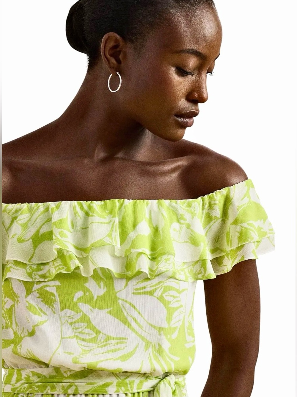 Ralph Lauren black label Lime Green and White One-Shoulder Floral Maxi Dress